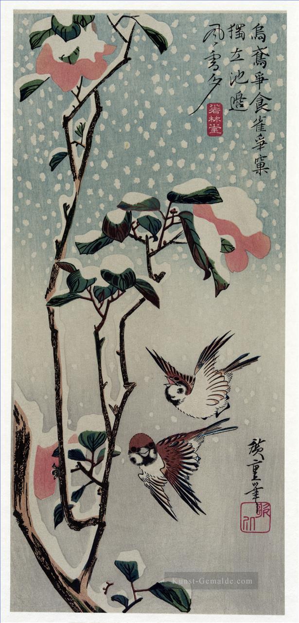 Spatzen und Kamelien im Schnee 1838 Utagawa Hiroshige Vögel Ölgemälde